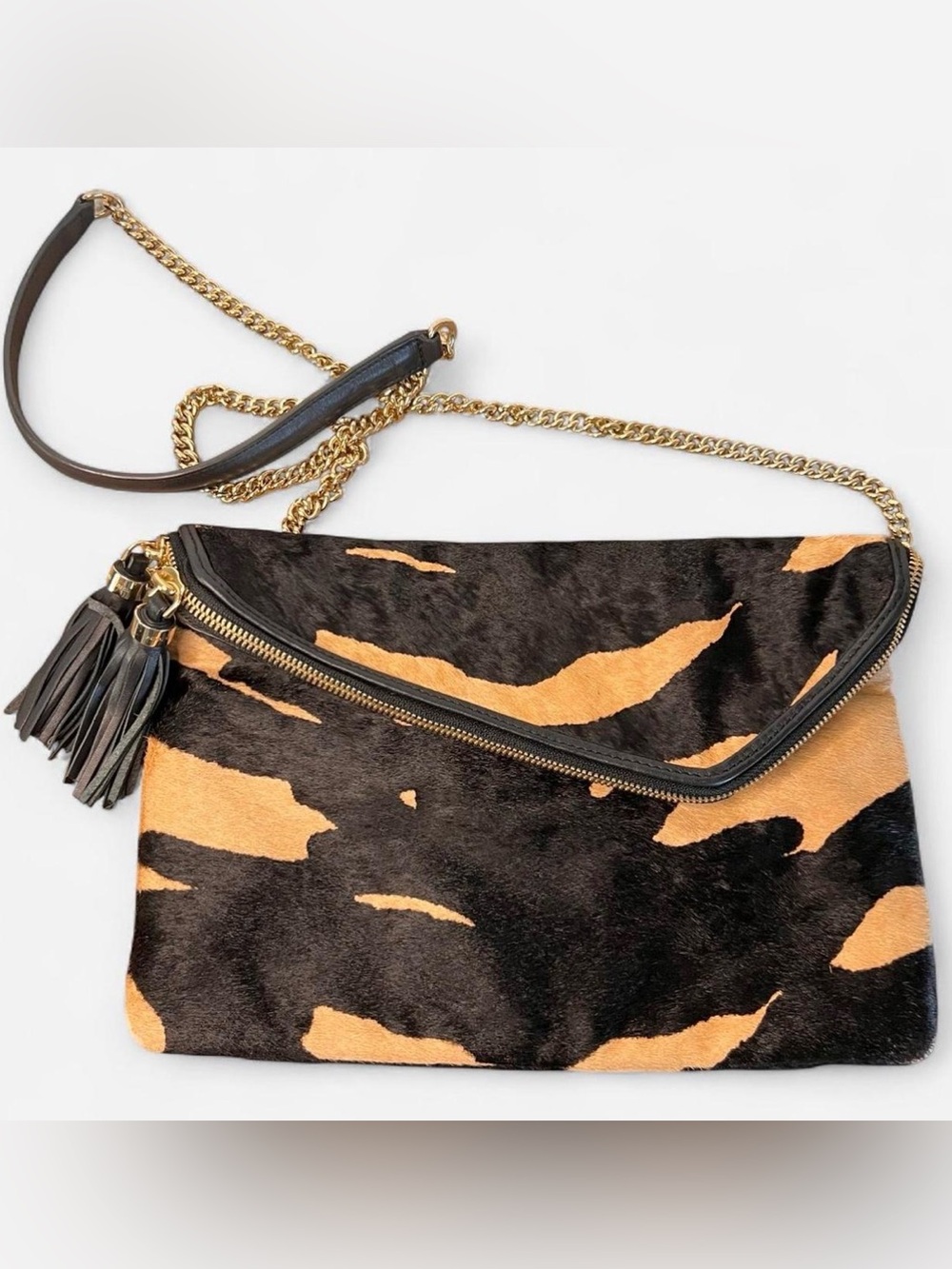 HENRI BENDEL Leopard Foldover Calf Hair Black Brown Leather Crossbody/Clutch Bag